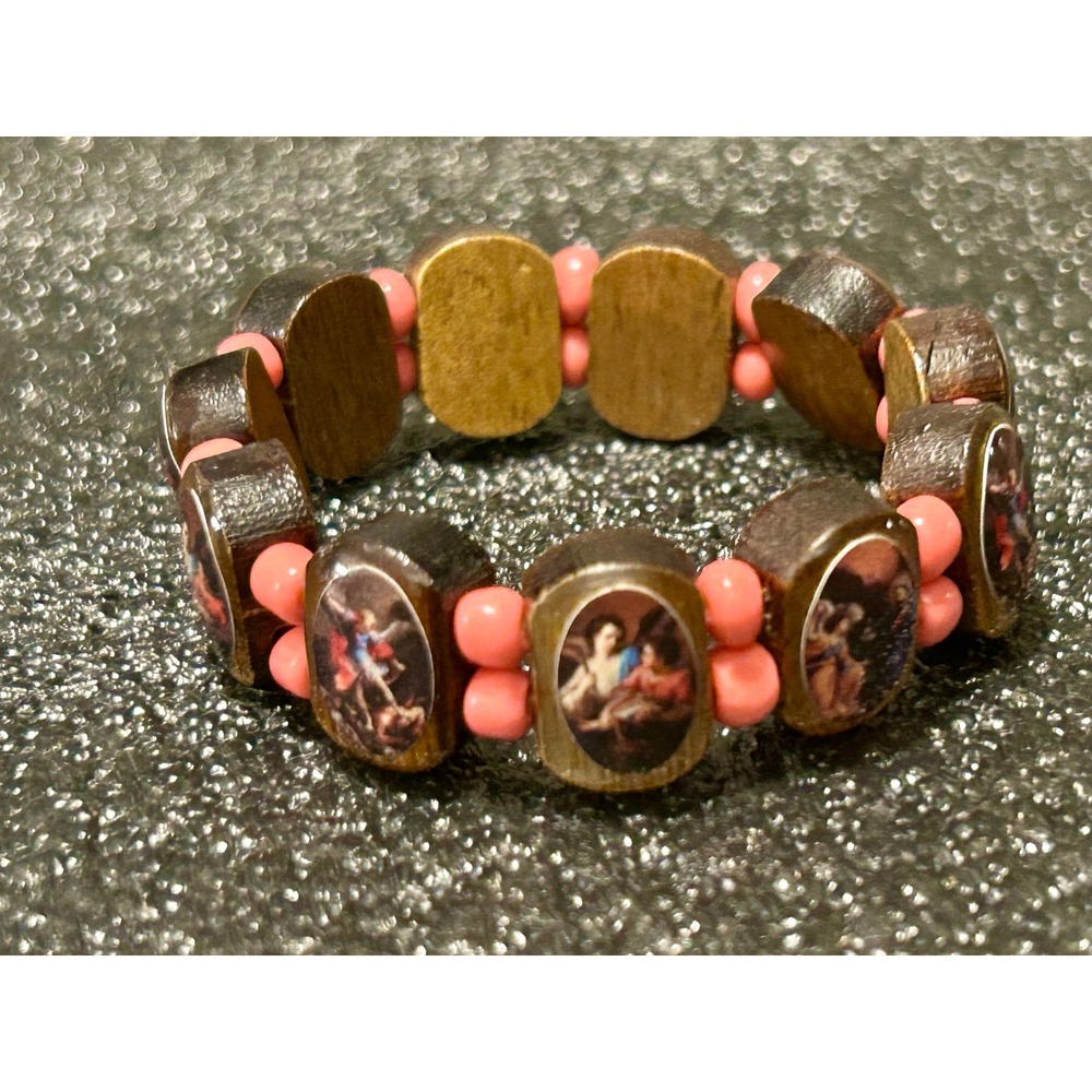 Catholic Religious Wood Icon Stretch Bracelet Pink Spacer Beads Saints Angels